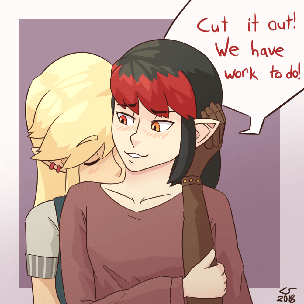 Illustration of Caelle kissing Vae's neck. Blushing, Vae exclaims 'cut it out! we've got work to do!'